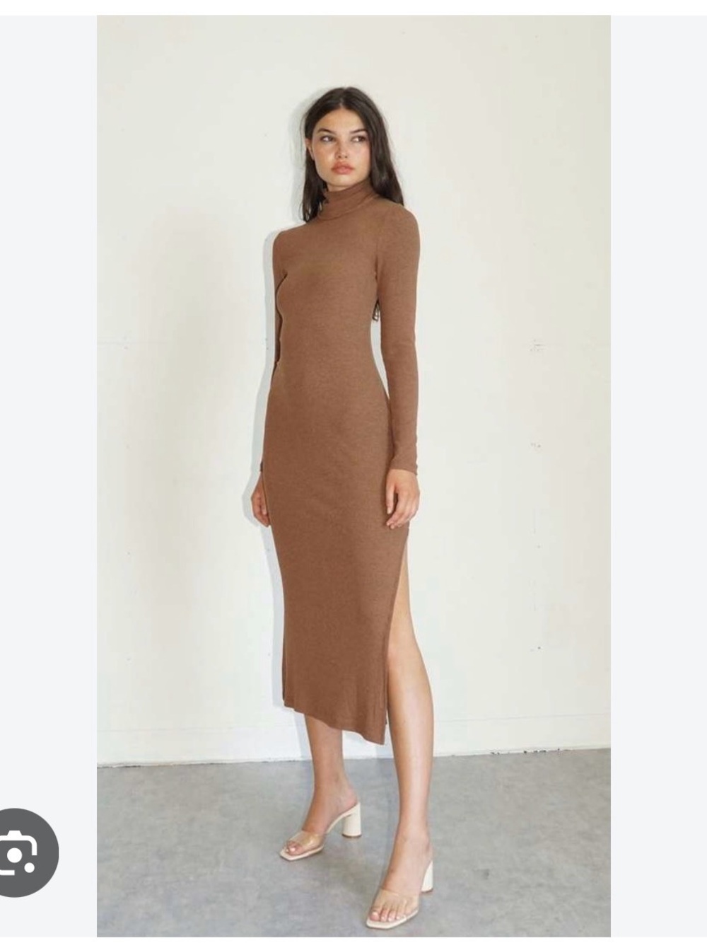 LNA Brown Ribbed Turtleneck Midi Dress w/ Slit Long Sleeve Brown Rayon/Spandex